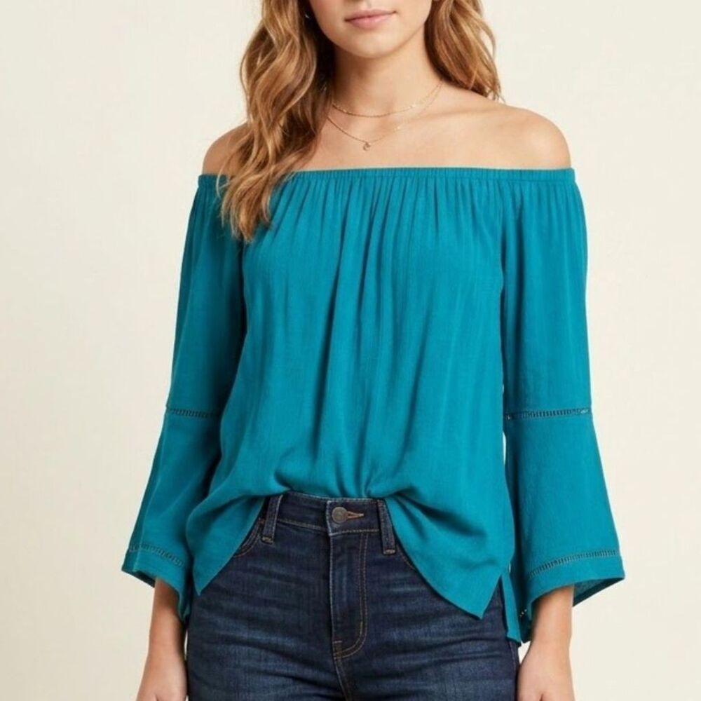Harve Bernard Teal Crinkle Off-the-Shoulder Bell-Sleeve Lace Accent Blouse SZ S